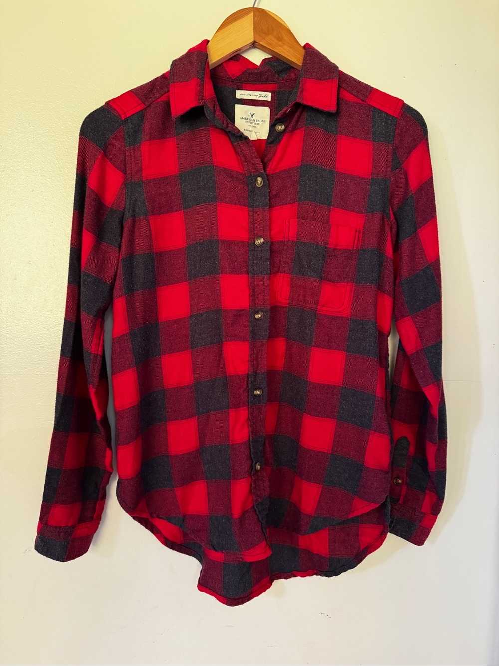 AEO Red and Black Check Button-Down Flannel Shirt
